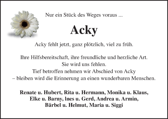 Traueranzeige von Acky  von Neue Osnabrücker Zeitung GmbH & Co. KG