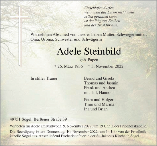 Traueranzeige von Adele Steinbild von Neue Osnabrücker Zeitung GmbH & Co. KG