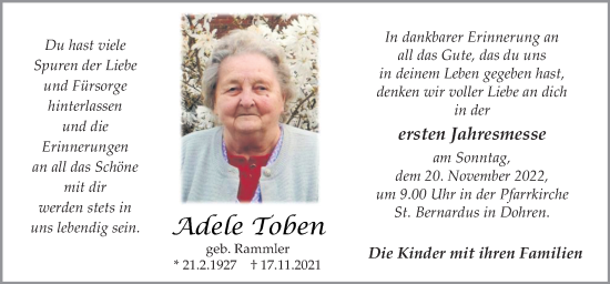 Traueranzeige von Adele Toben von Neue Osnabrücker Zeitung GmbH & Co. KG