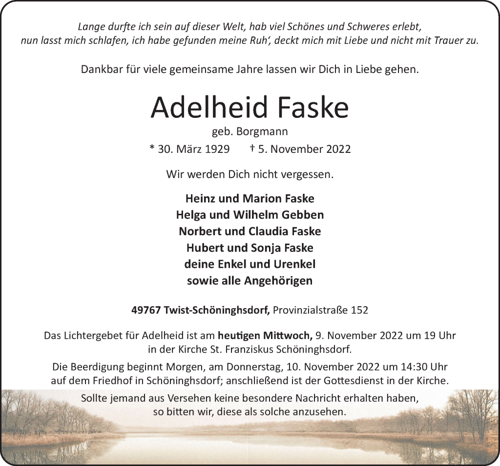  Traueranzeige für Adelheid Faske vom 09.11.2022 aus Neue Osnabrücker Zeitung GmbH & Co. KG