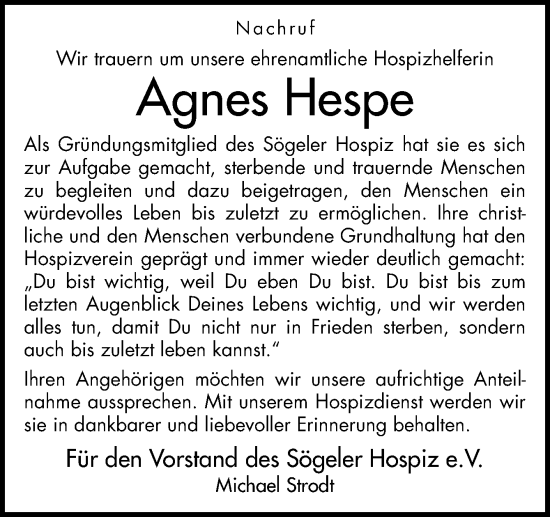 Traueranzeige von Agnes Hespe von Neue Osnabrücker Zeitung GmbH & Co. KG