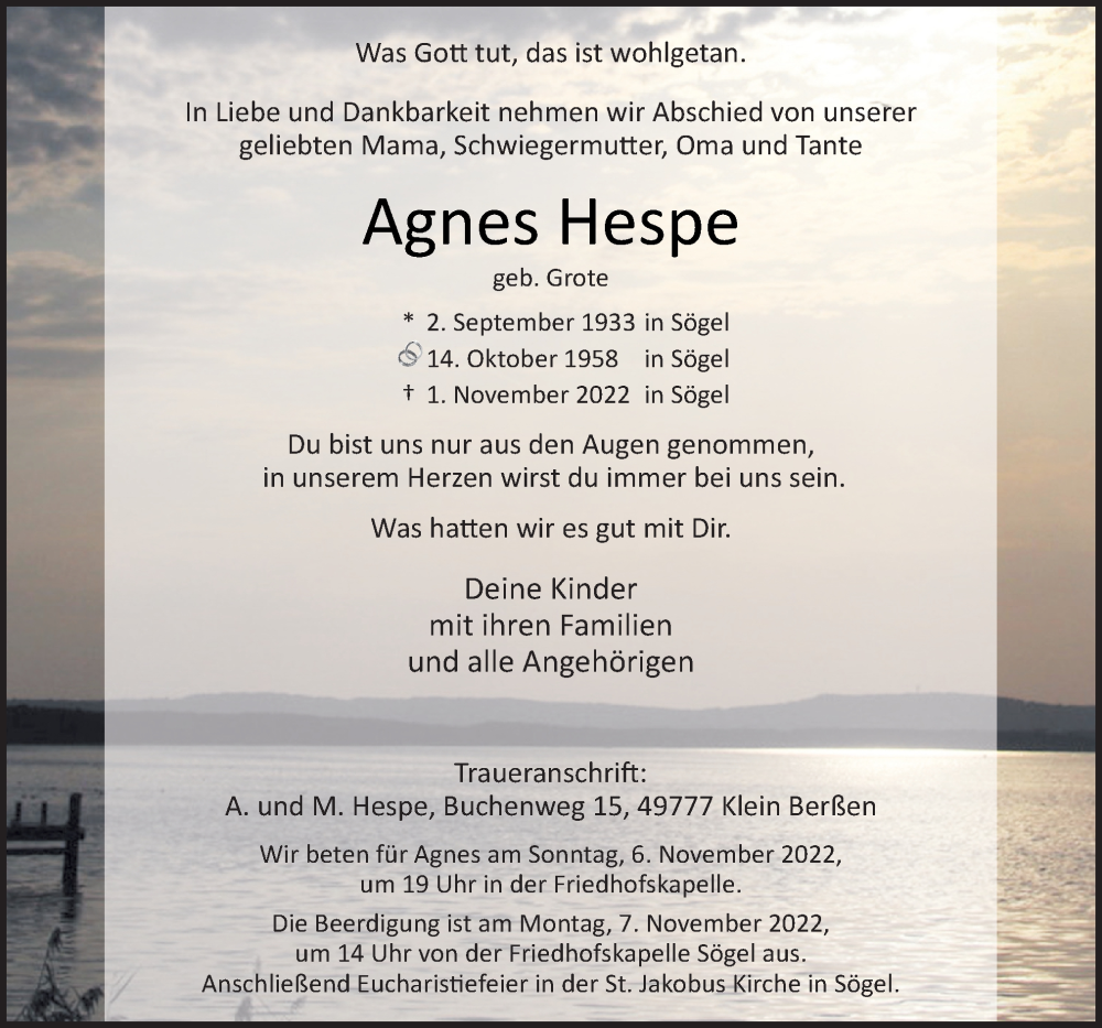  Traueranzeige für Agnes Hespe vom 04.11.2022 aus Neue Osnabrücker Zeitung GmbH & Co. KG