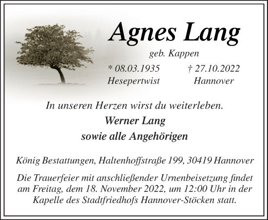 Traueranzeige von Agnes Lang von Neue Osnabrücker Zeitung GmbH & Co. KG