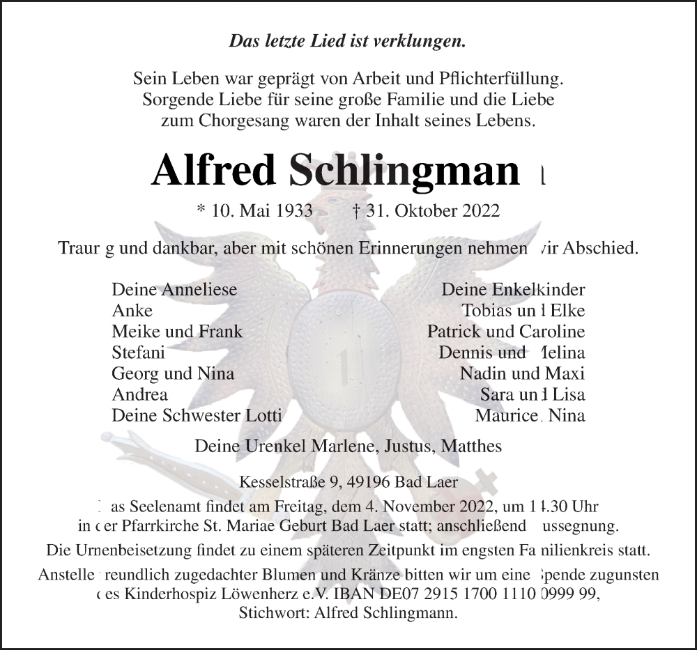  Traueranzeige für Alfred Schlingmann vom 02.11.2022 aus Neue Osnabrücker Zeitung GmbH & Co. KG