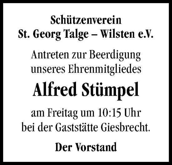 Traueranzeige von Alfred Stümpel von Neue Osnabrücker Zeitung GmbH & Co. KG