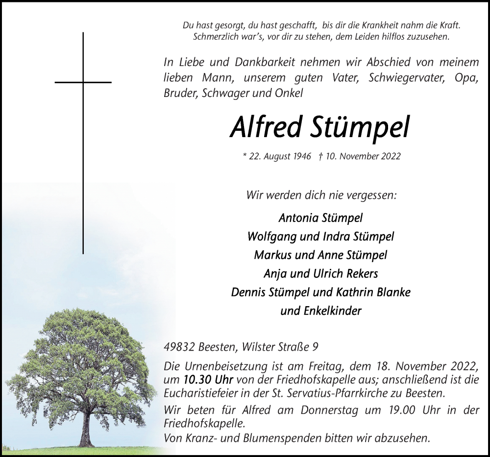  Traueranzeige für Alfred Stümpel vom 14.11.2022 aus Neue Osnabrücker Zeitung GmbH & Co. KG