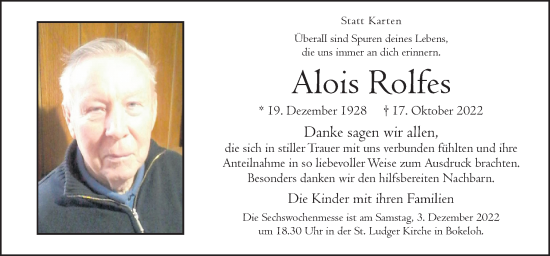 Traueranzeige von Alois Rolfes von Neue Osnabrücker Zeitung GmbH & Co. KG