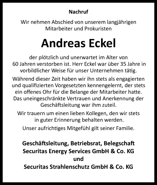 Traueranzeige von Andreas Eckel von Neue Osnabrücker Zeitung GmbH & Co. KG
