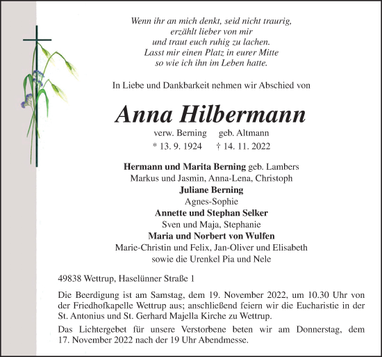 Traueranzeige von Anna Hilbermann von Neue Osnabrücker Zeitung GmbH & Co. KG