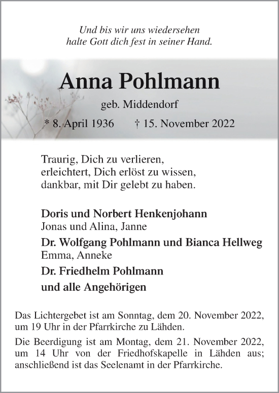 Traueranzeige von Anna Pohlmann von Neue Osnabrücker Zeitung GmbH & Co. KG