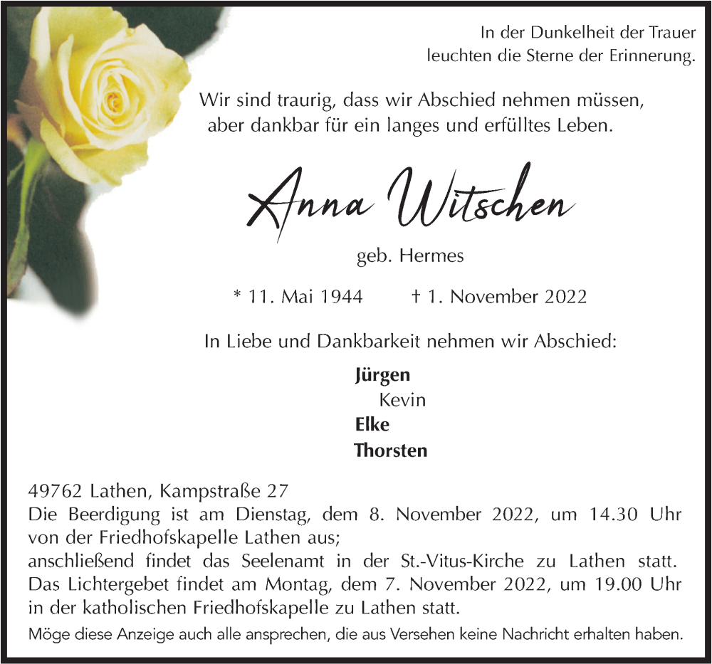  Traueranzeige für Anna Witschen vom 04.11.2022 aus Neue Osnabrücker Zeitung GmbH & Co. KG