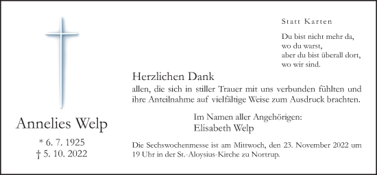 Traueranzeige von Annelies Welp von Neue Osnabrücker Zeitung GmbH & Co. KG