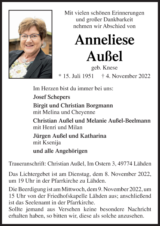 Traueranzeige von Anneliese Außel von Neue Osnabrücker Zeitung GmbH & Co. KG