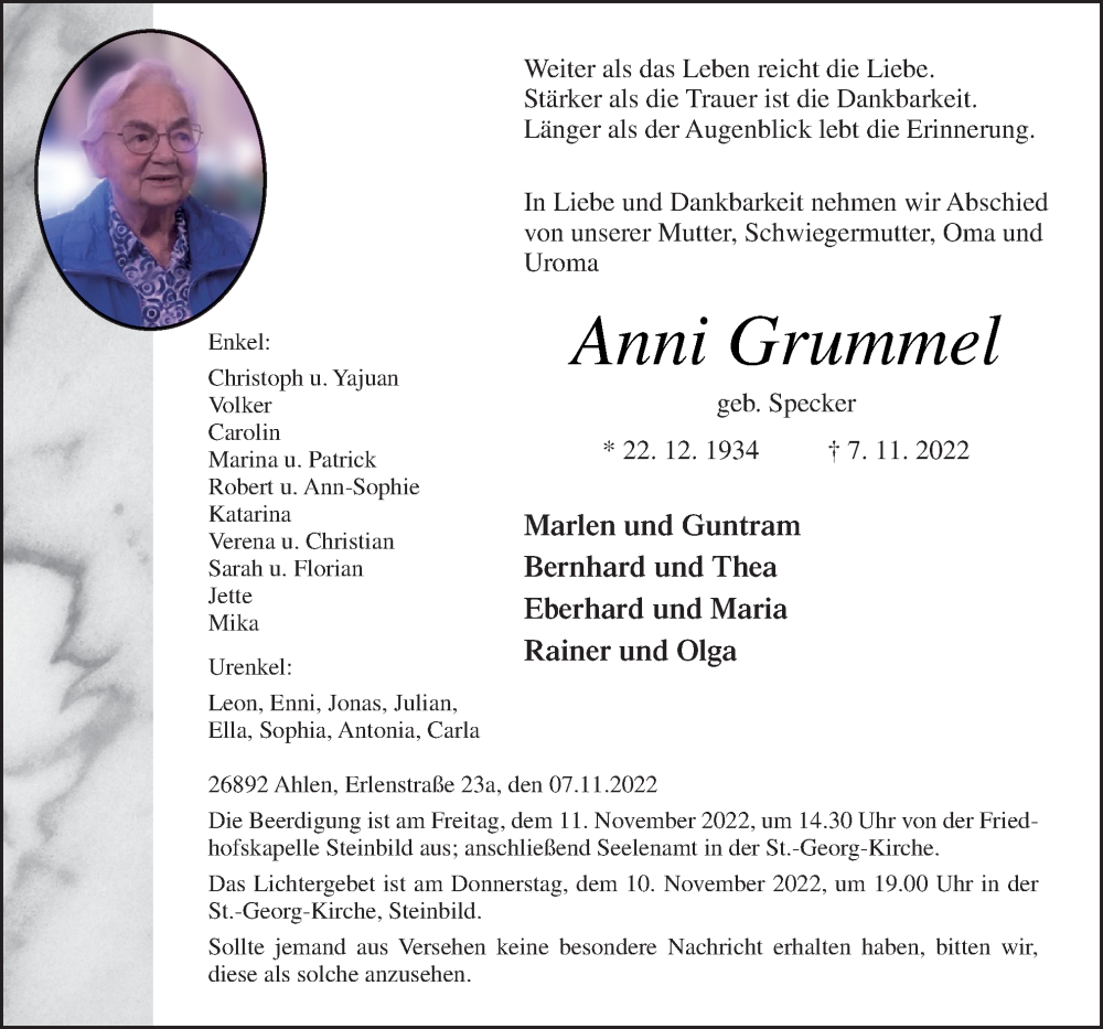  Traueranzeige für Anni Grummel vom 10.11.2022 aus Neue Osnabrücker Zeitung GmbH & Co. KG