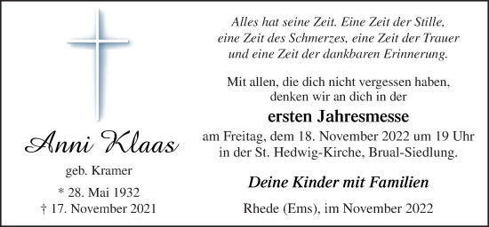 Traueranzeige von Anni Klaas von Neue Osnabrücker Zeitung GmbH & Co. KG