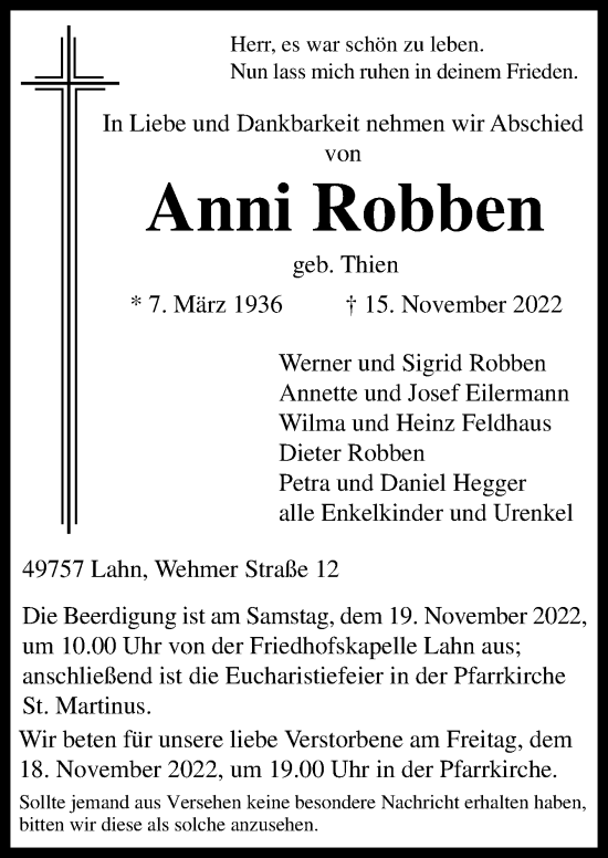 Traueranzeige von Anni Robben von Neue Osnabrücker Zeitung GmbH & Co. KG