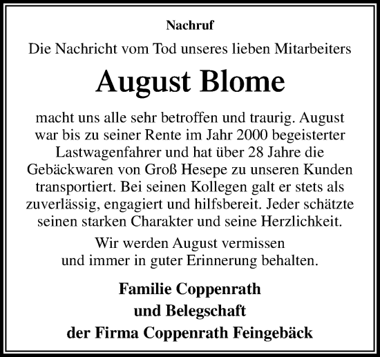 Traueranzeige von August Blome von Neue Osnabrücker Zeitung GmbH & Co. KG