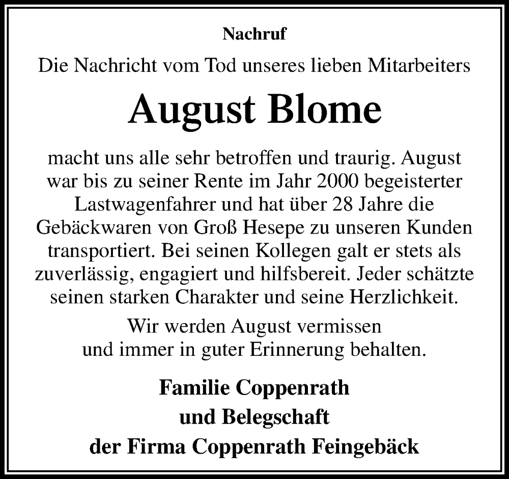  Traueranzeige für August Blome vom 24.11.2022 aus Neue Osnabrücker Zeitung GmbH & Co. KG