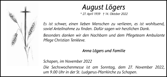 Traueranzeige von August Lögers von Neue Osnabrücker Zeitung GmbH & Co. KG