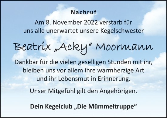 Traueranzeige von Beatrix Moormann von Neue Osnabrücker Zeitung GmbH & Co. KG