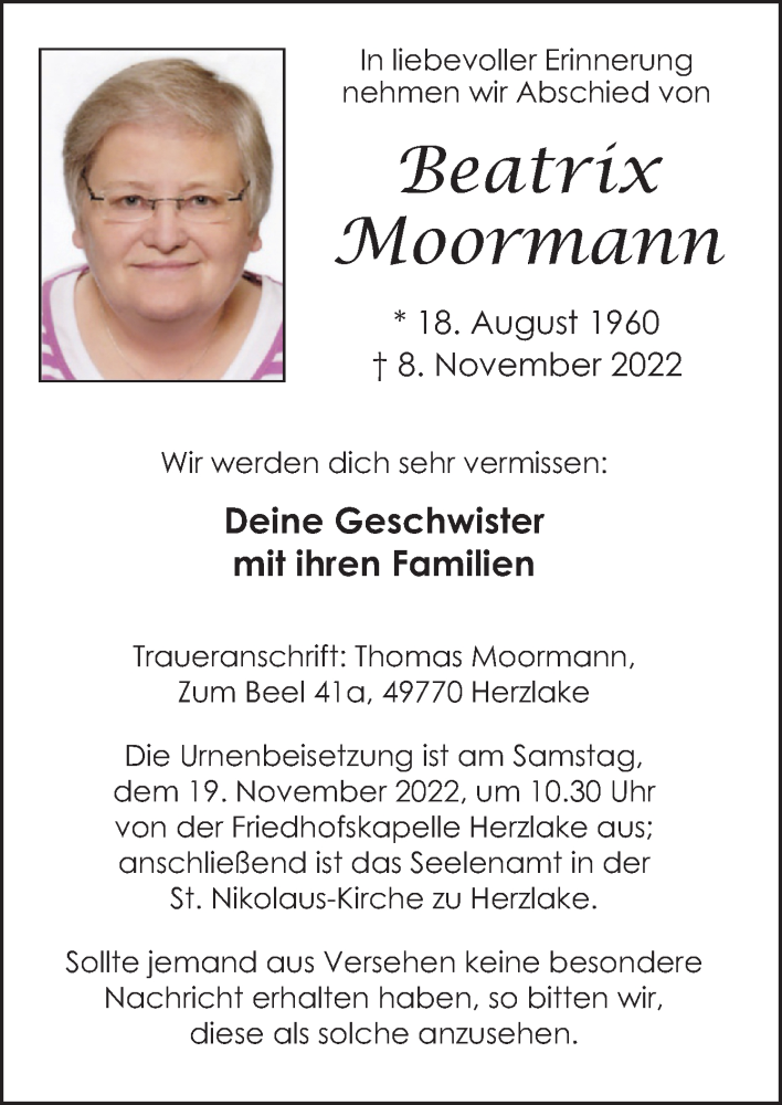  Traueranzeige für Beatrix Moormann vom 12.11.2022 aus Neue Osnabrücker Zeitung GmbH & Co. KG