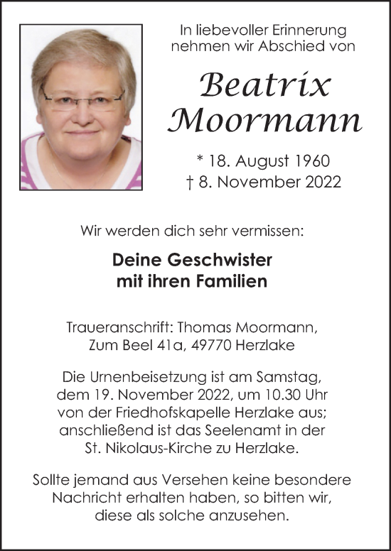 Traueranzeige von Beatrix Moormann von Neue Osnabrücker Zeitung GmbH & Co. KG