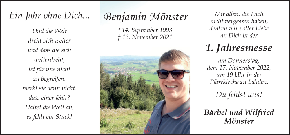  Traueranzeige für Benjamin Mönster vom 12.11.2022 aus Neue Osnabrücker Zeitung GmbH & Co. KG