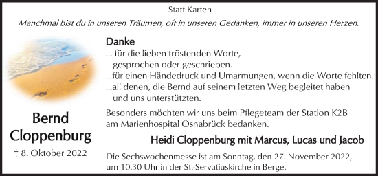 Traueranzeige von Bernd Cloppenburg von Neue Osnabrücker Zeitung GmbH & Co. KG