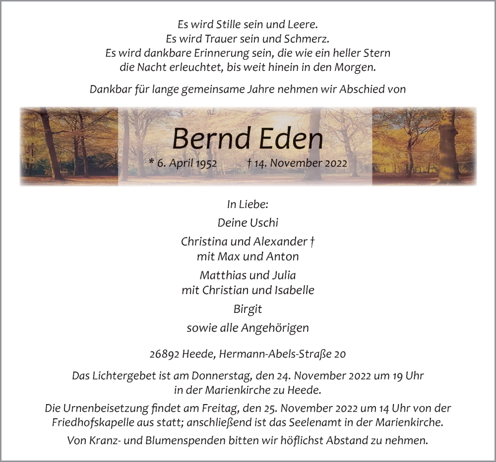  Traueranzeige für Bernd Eden vom 16.11.2022 aus Neue Osnabrücker Zeitung GmbH & Co. KG