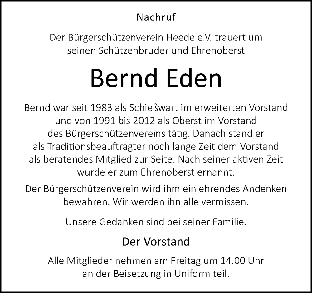  Traueranzeige für Bernd Eden vom 23.11.2022 aus Neue Osnabrücker Zeitung GmbH & Co. KG