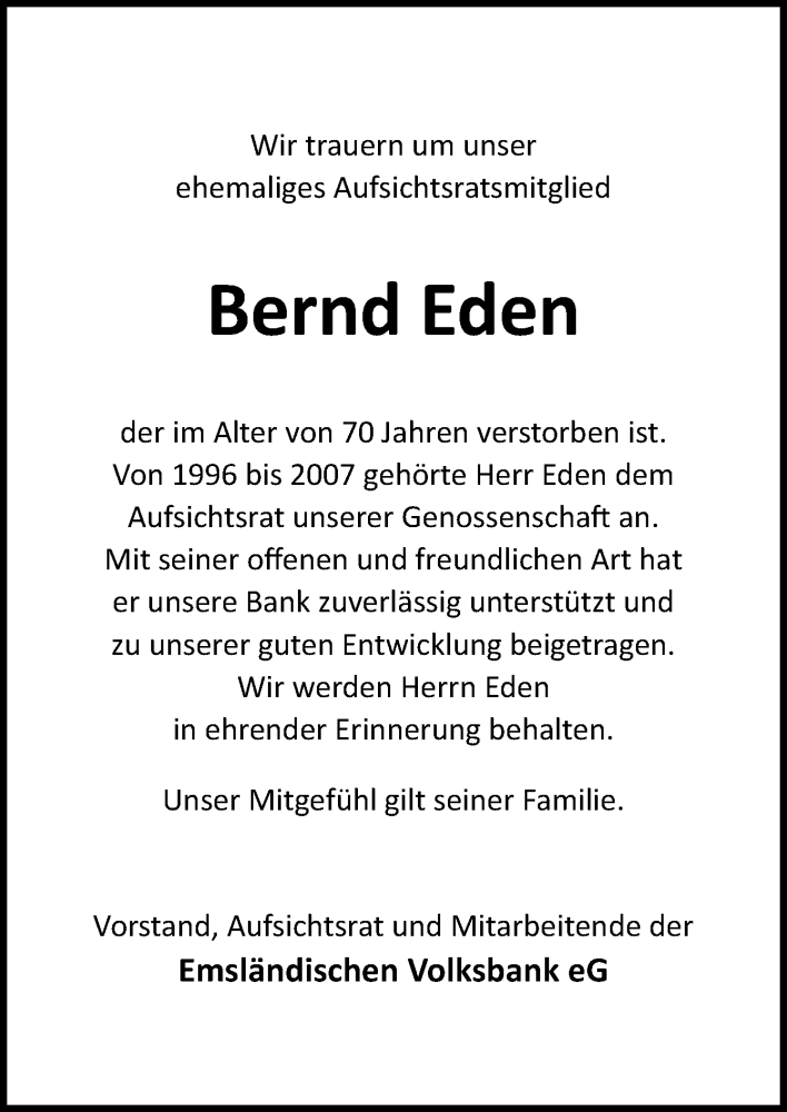  Traueranzeige für Bernd Eden vom 19.11.2022 aus Neue Osnabrücker Zeitung GmbH & Co. KG