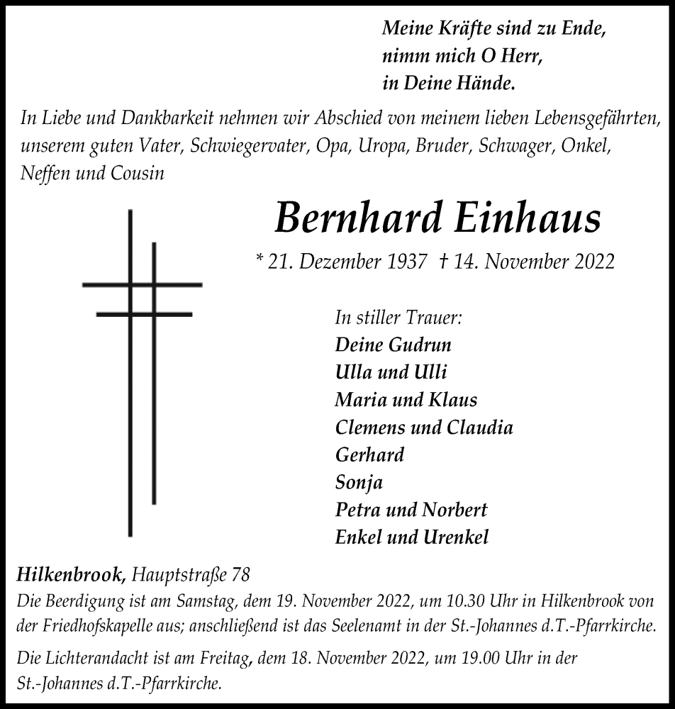  Traueranzeige für Bernhard Einhaus vom 17.11.2022 aus Neue Osnabrücker Zeitung GmbH & Co. KG