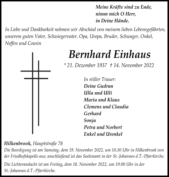 Traueranzeige von Bernhard Einhaus von Neue Osnabrücker Zeitung GmbH & Co. KG