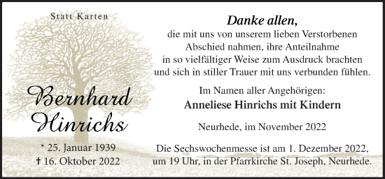 Traueranzeige von Bernhard Hinrichs von Neue Osnabrücker Zeitung GmbH & Co. KG