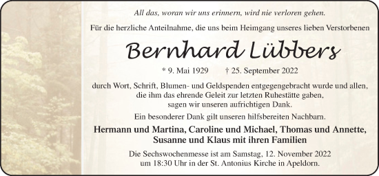 Traueranzeige von Bernhard Lübbers von Neue Osnabrücker Zeitung GmbH & Co. KG