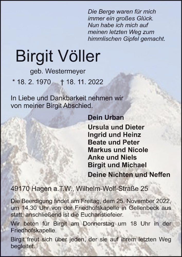  Traueranzeige für Birgit Völler vom 21.11.2022 aus Neue Osnabrücker Zeitung GmbH & Co. KG