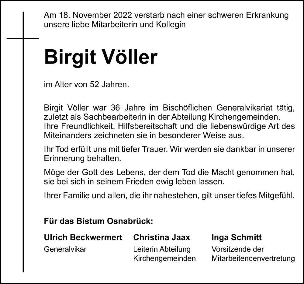  Traueranzeige für Birgit Völler vom 25.11.2022 aus Neue Osnabrücker Zeitung GmbH & Co. KG