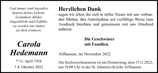Traueranzeige von Carola Hedemann von Neue Osnabrücker Zeitung GmbH & Co. KG
