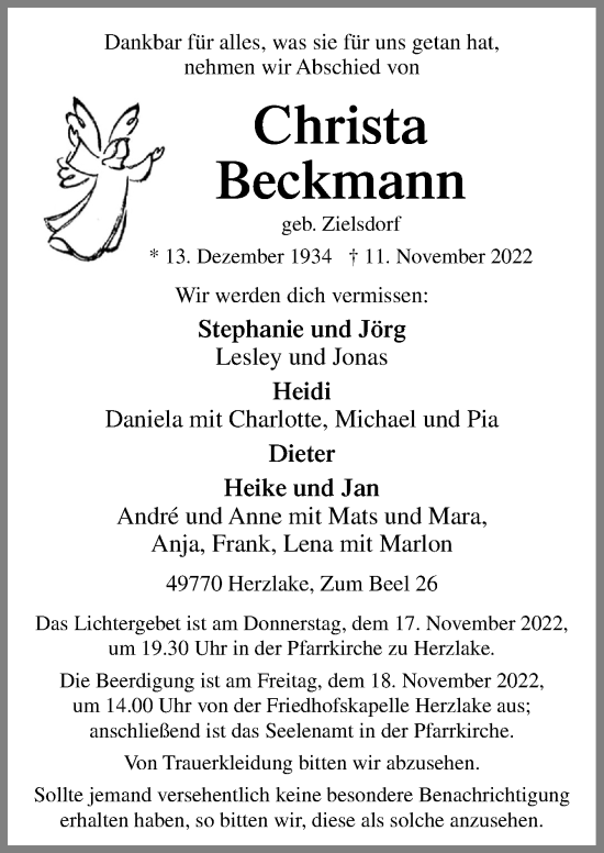 Traueranzeige von Christa Beckmann von Neue Osnabrücker Zeitung GmbH & Co. KG