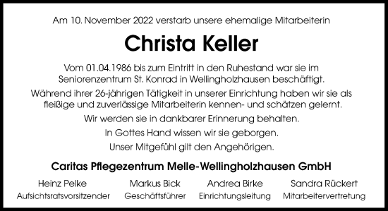 Traueranzeige von Christa Keller von Neue Osnabrücker Zeitung GmbH & Co. KG