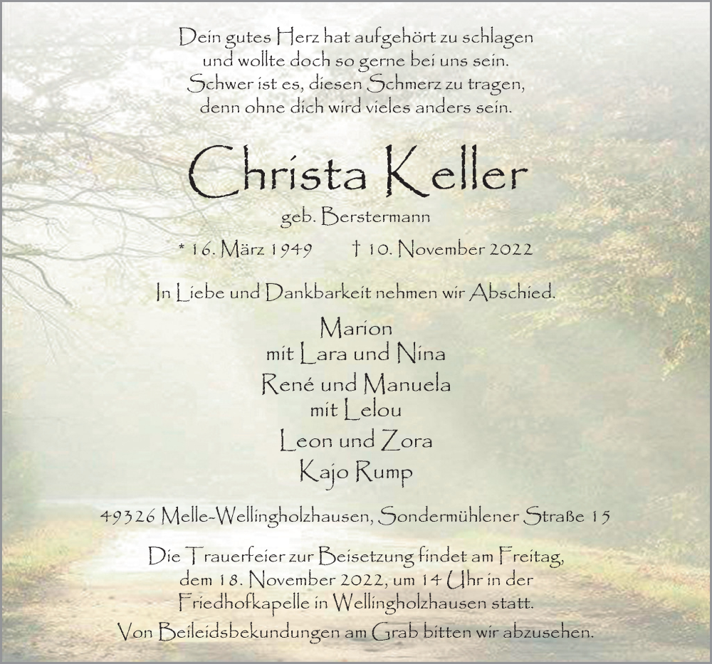  Traueranzeige für Christa Keller vom 15.11.2022 aus Neue Osnabrücker Zeitung GmbH & Co. KG