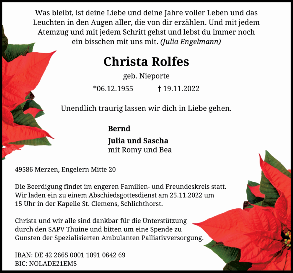  Traueranzeige für Christa Rolfes vom 22.11.2022 aus Neue Osnabrücker Zeitung GmbH & Co. KG