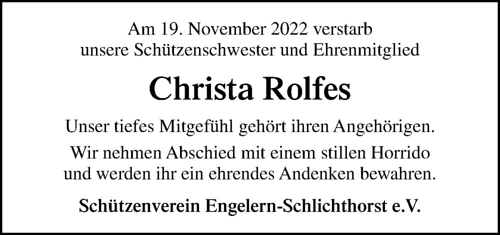  Traueranzeige für Christa Rolfes vom 26.11.2022 aus Neue Osnabrücker Zeitung GmbH & Co. KG