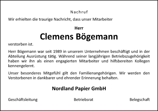 Traueranzeige von Clemens Bögemann von Neue Osnabrücker Zeitung GmbH & Co. KG