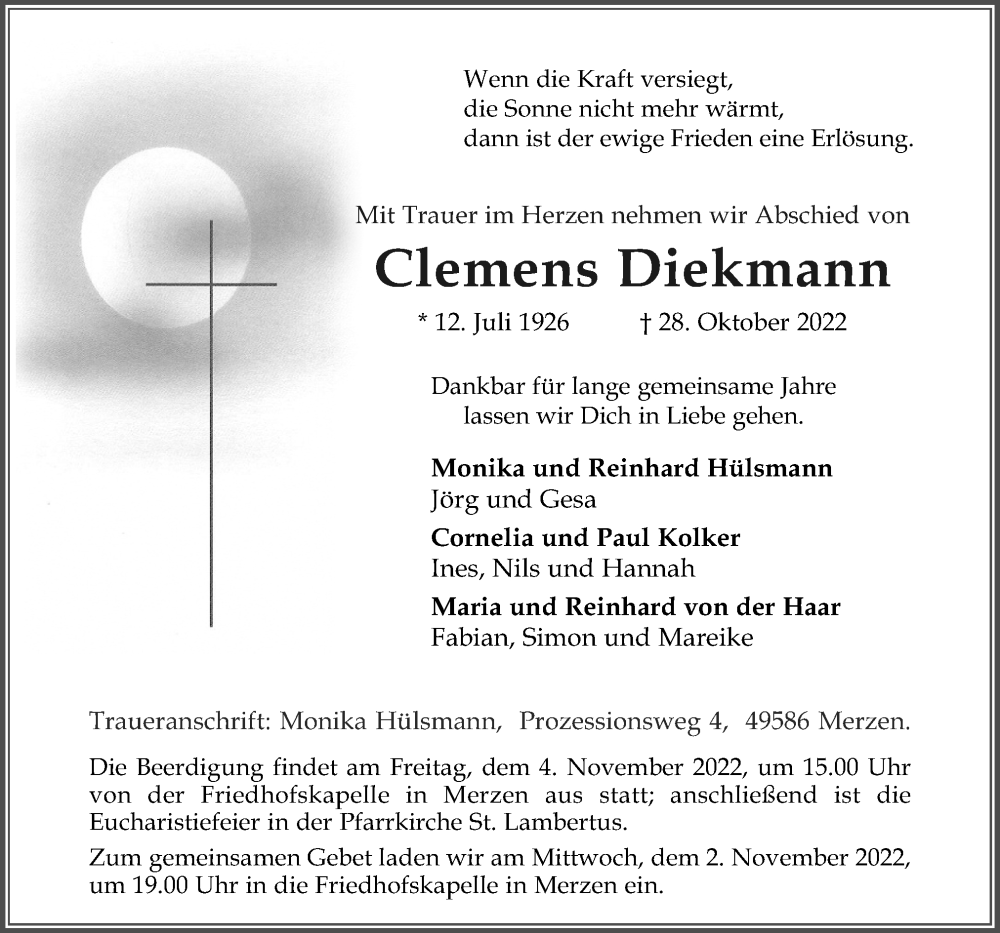  Traueranzeige für Clemens Diekmann vom 01.11.2022 aus Neue Osnabrücker Zeitung GmbH & Co. KG