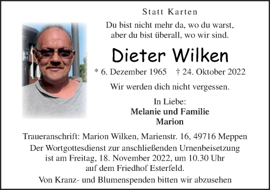 Traueranzeige von Dieter Wilken von Neue Osnabrücker Zeitung GmbH & Co. KG