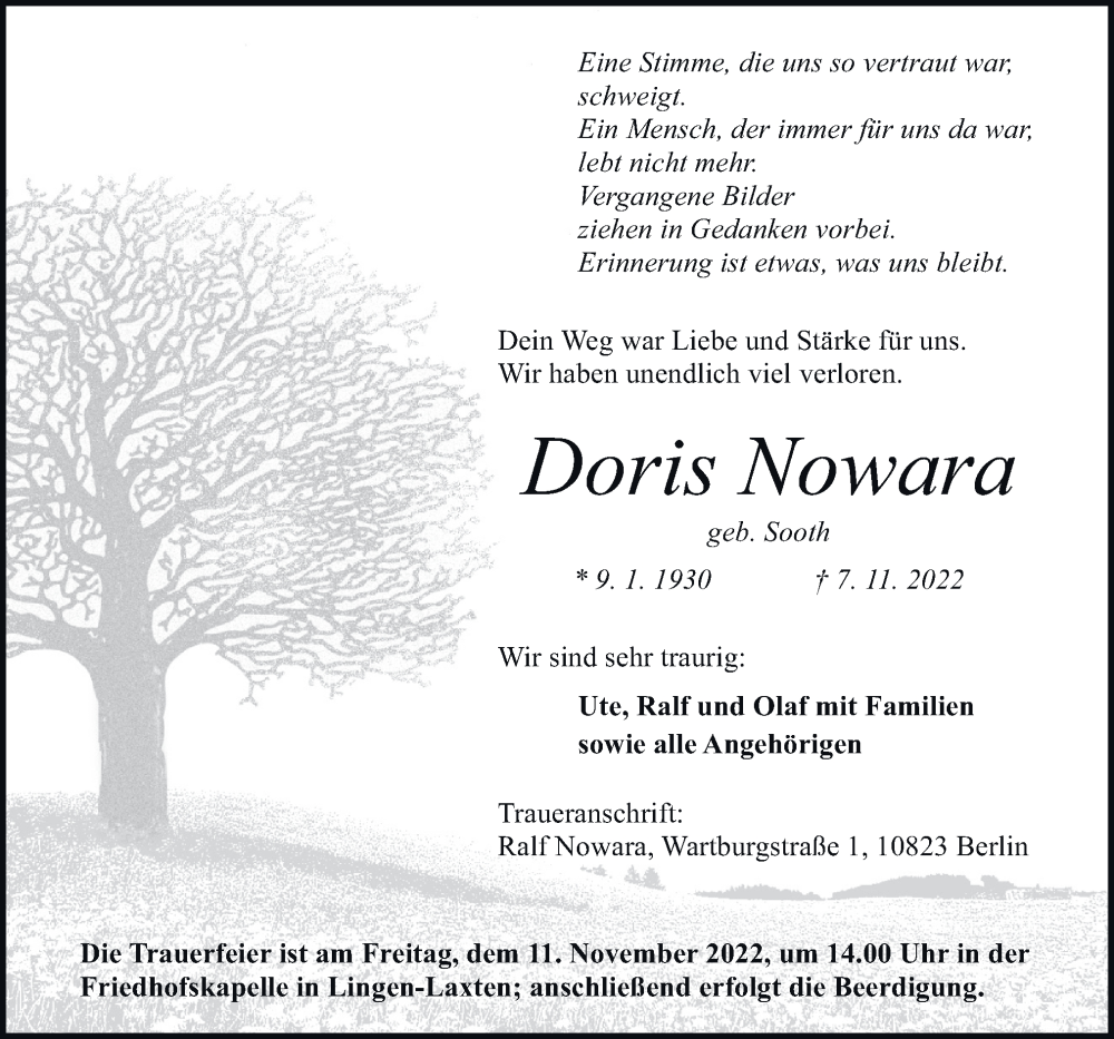 Traueranzeigen Von Doris Nowara | Noz Trauerportal