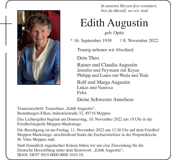 Traueranzeige von Edith Augustin von Neue Osnabrücker Zeitung GmbH & Co. KG