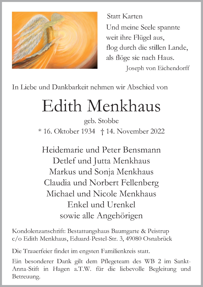  Traueranzeige für Edith Menkhaus vom 19.11.2022 aus Neue Osnabrücker Zeitung GmbH & Co. KG