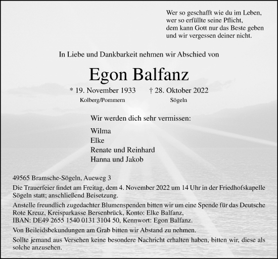 Traueranzeige von Egon Balfanz von Neue Osnabrücker Zeitung GmbH & Co. KG